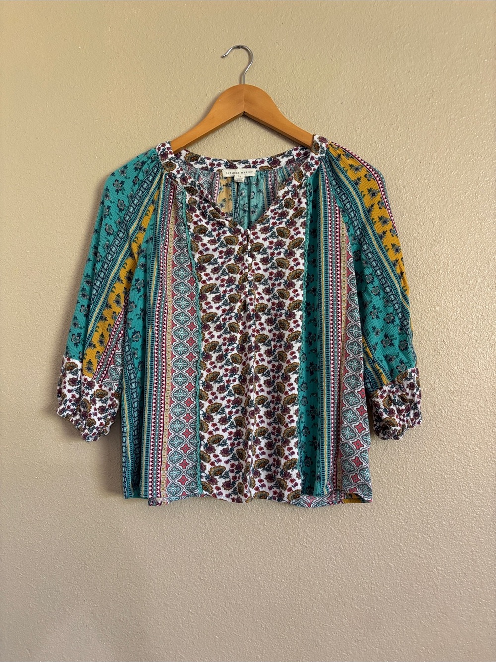 Farmers Market Boho Patchwork Floral Tunic Top - Teal & Mustard